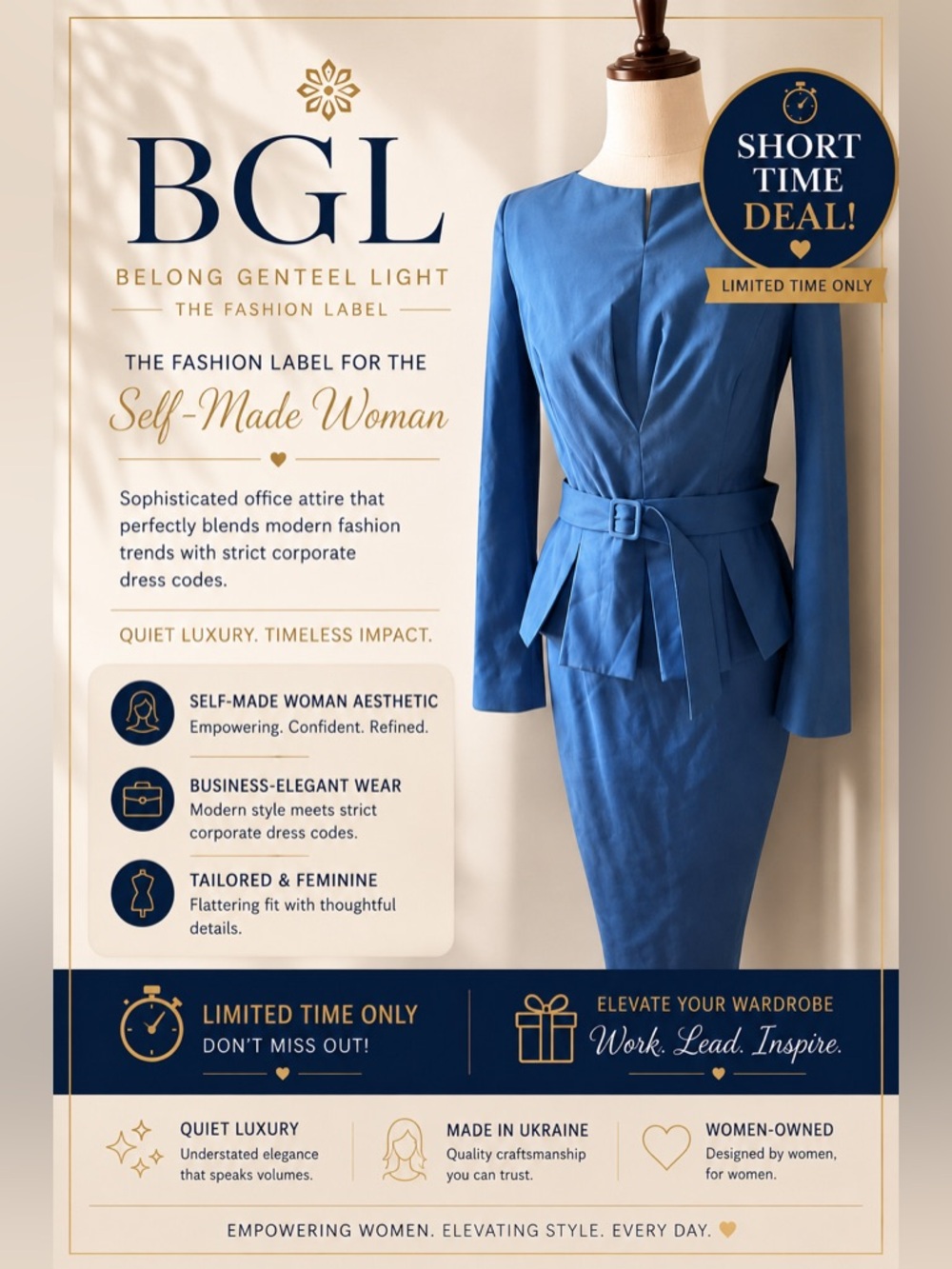 BGL Blue Long-Sleeve Belted Peplum | two-piece | US 2-4